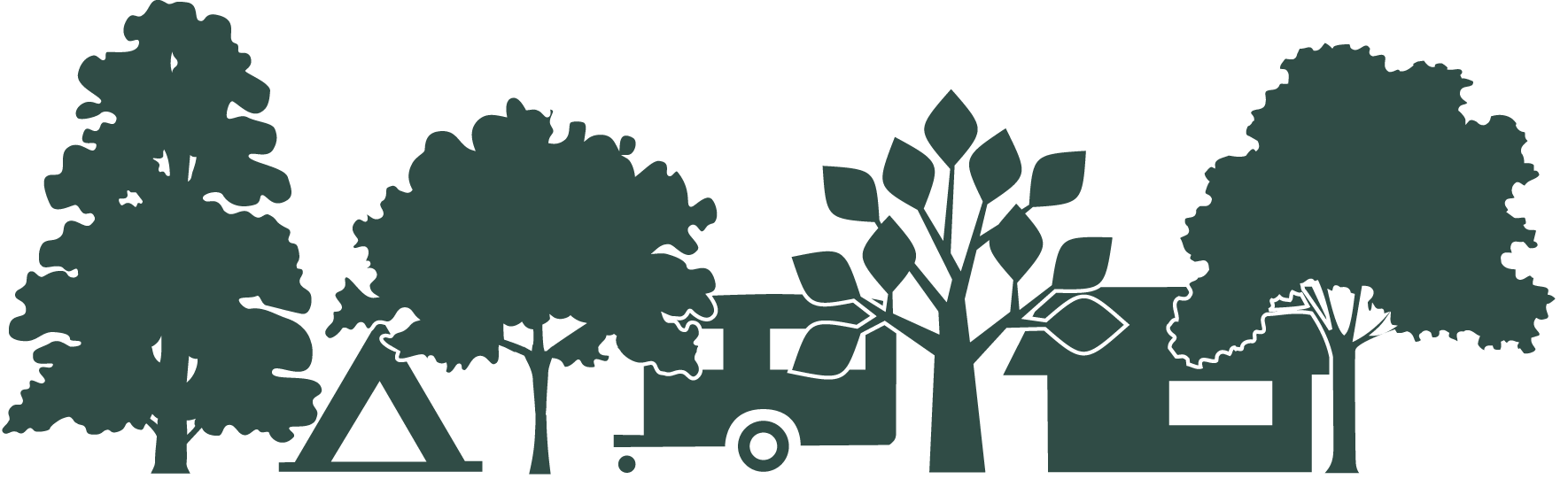 Illustration von Bäumen, einem Zelt, einem Wohnmobil und einem kleinen Gebäude in dunkelgrüner Silhouette vor einem hellen Hintergrund, perfekt für ein Silhouetten-Logo-Design.