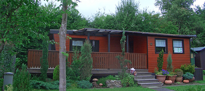 Een kleine houten hut met een overdekte veranda, omringd door bomen en potplanten, met een trap naar de ingang.