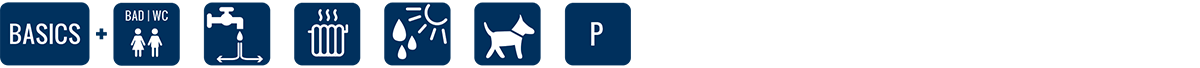 Dunkelblaue Symbole zeigen auf weißem Hintergrund Toiletten, Wasserbrunnen, Mülleimer, Recycling, hundefreundliche Bereiche und Parkplätze an.