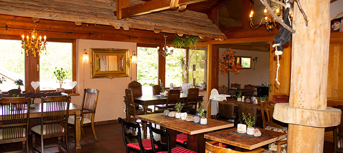 A rustic restaurant interior with wooden tables and chairs, chandeliers, large windows, and potted plants, creating a cozy, natural atmosphere.
