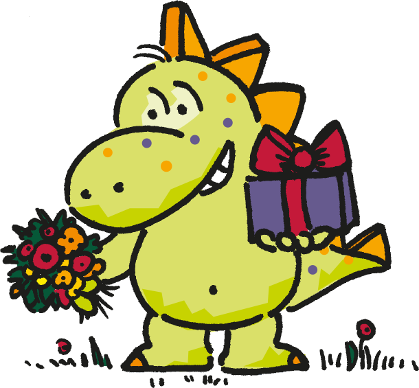 Ein Cartoon-Dinosaurier, der einen Blumenstrauß in der einen Hand und ein eingepacktes Geschenk mit einer Schleife in der anderen Hand hält und auf Gras steht.