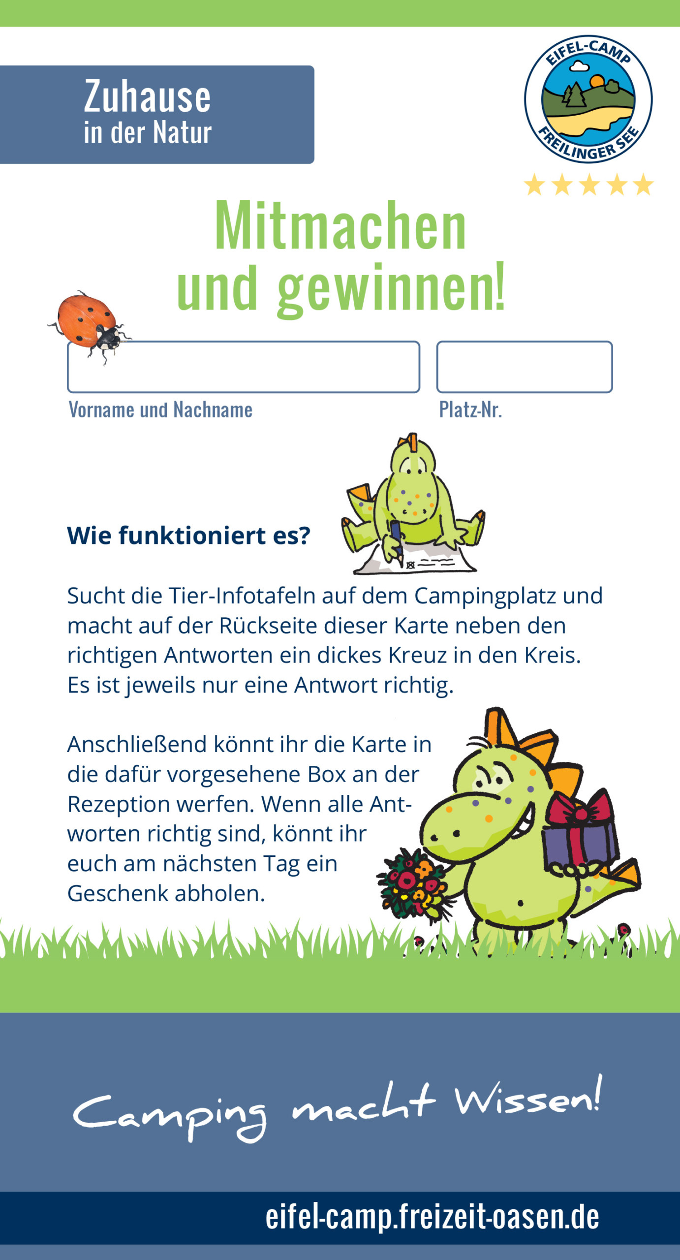 Buntes Flugblatt mit Cartoon-Dinosauriern, Anleitung für ein Camping-Quiz und Feldern für Name und Ort, das zum Mitmachen und Gewinnen eines Preises im Eifel-Camp auffordert.