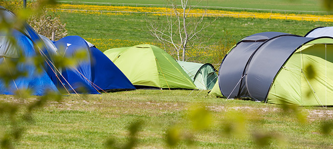 Verschillende kleurrijke tenten zijn opgezet op een grasveld in een open veld, met groen en geel gras zichtbaar op de achtergrond.