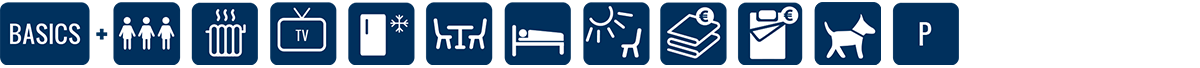 Eine Reihe blauer Symbole mit der Aufschrift BASICS, die eine Gruppe von Personen, Utensilien, Fernseher, Dusche, Haartrockner, Bett, Toilettenpapier, Handtücher, Seifenspender, Schere, Bügeleisen und Parkplatz darstellen.