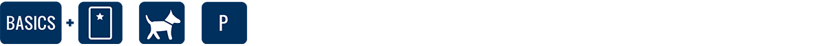 Blaue Symbole mit grundlegenden Angaben: ein Erste-Hilfe-Kasten, ein Symbol für erlaubte Tiere und ein Parkschild, alle auf weißem Hintergrund.
