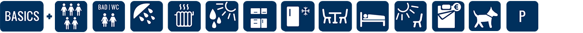 Blaue Icons auf weißem Hintergrund zeigen Symbole für die wichtigsten Dinge: Dusche, Telefon, Handtuch, Toilette, Kleiderschrank, Kommode, Wäsche, Bügeln, Waschbecken, Bett, Bad, Fenster, Ventilator, Haustier und Parkplatz.